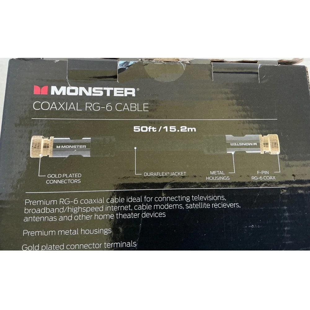 Monster Coaxial RG-6 Cable 50ft In-Wall Rated Gold Plated Connectors Black NWT